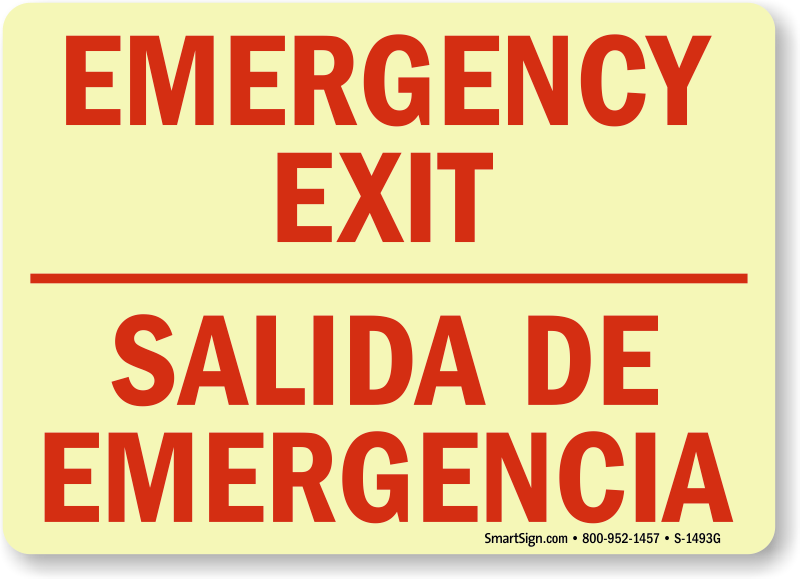 Emergency Exit Bilingual Glow Fire Safety Sign, SKU S1493G
