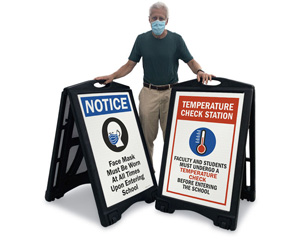 Wear a mask signs and check temperature signs for school entrance