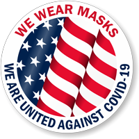 We Wear Masks   We Are United Against Covid 19 w/ Flag Hard Hat Decal