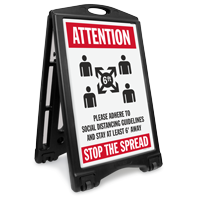 Attention Adhere to Social Distancing Guidelines Stop the Spread BigBoss A-Frame Portable Sidewalk Sign