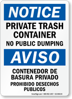 Bilingual Private Trash Container, No Public Dumping Sign