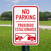 Bilingual No Parking With Car Tow Graphic Signs
