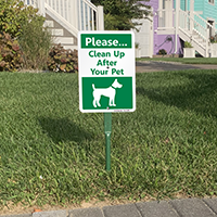 Clean up after your pet dog poop sign for lawn