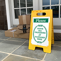 Floor sign instructing to leave packages