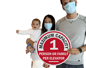 Social distancing sign for an elevator for a family group