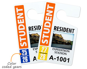 Parking hang tags with color-coded years
