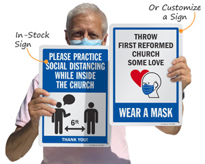 Social distancing signs for a church