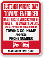 Customized Customer Parking Only Unauthorized Vehicles Towed Sign