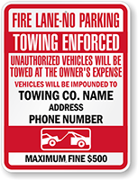 Customized Fire Lane No Parking Unauthorized Vehicles Towed Sign