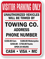 Custom Visitor Parking Only Unauthorized Vehicles Towed Sign