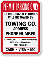 Custom Permit Parking Only Unauthorized Vehicles Towed Sign