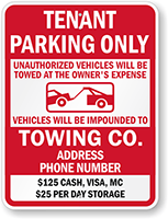 Tenant Parking Only Unauthorized Vehicles Towed Custom Sign
