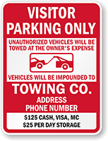 Visitor Parking Only Unauthorized Vehicles Towed Custom Sign