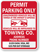 Permit Parking Only Unauthorized Vehicles Towed Custom Sign