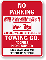 Fire Lane No Parking Unauthorized Vehicles Towed Custom Sign