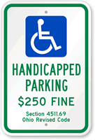 Handicapped Parking $250 Fine Sign