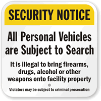 Security Notice No Drugs Alcohol Or Weapons Sign