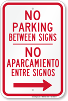 Bilingual No Parking Between Signs Right Arrow