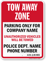 Custom Arizona Tow Away Sign