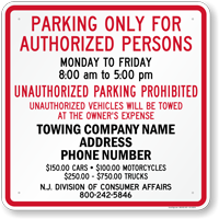 Custom New Jersey Tow Away Sign