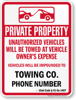Custom Utah Tow Away Sign