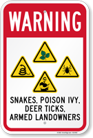 Snakes Poison Ivy Ticks Armed Landowners Warning Sign