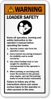 Know All Operations Loader Safety ANSI Warning Label