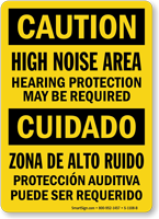 Bilingual High Noise Area, Hearing Protection Required Sign