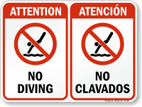 Bilingual No Diving Sign with Symbol