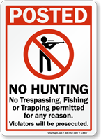 No Hunting, Trespassing, Fishing or Trapping Permitted Sign