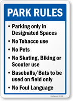 Parking In Designated Spaces No Tobacco Park Rules Sign