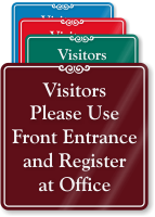 Visitors Use Front Entrance Register At Office Sign