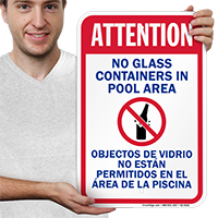 Attention No Glass Containers Pool Signs
