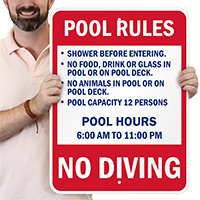 Pool Rules, Custom Hours, No Diving Signs