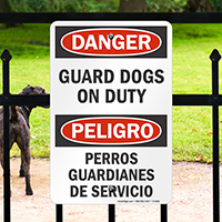 Bilingual OSHA Danger Guard Dogs On Duty Sign