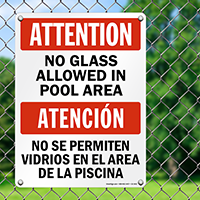 Bilingual No Glass In Pool Area Sign