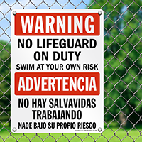 Bilingual No Lifeguard, Swim At Own Risk Sign