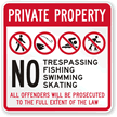 Private Property: No Trespassing, Fishing, Swimming, Skating Sign