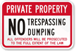 Private Property No Trespassing, No Dumping Sign