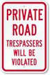 Private Road   Trespassers Will Be Violated Sign