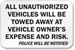 All Unauthorized Vehicles Towed Sign