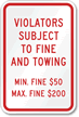 Violators Subject To Fine Towing Sign