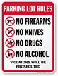 Parking Lot Rules No Firearms Drugs Alcohol Sign