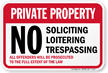 Private Property No Soliciting Loitering Trespassing Sign