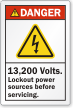 13,200 Volts Lockout Power Sources Before Servicing Label