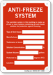 Anti Freeze System Sprinkler Identification Sign