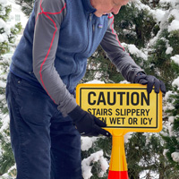 Icy stairs are slippery sign