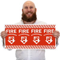 Down arrow sign indicating fire extinguisher