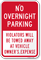 No Overnight Parking, Violators Towed Sign